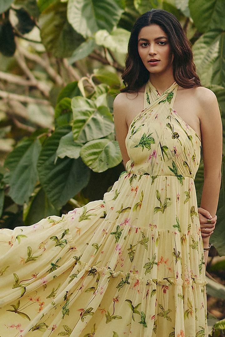 Yellow Georgette Floral Printed Halter Maxi Summer Dress by Ewoke at Pernia's Pop Up Shop