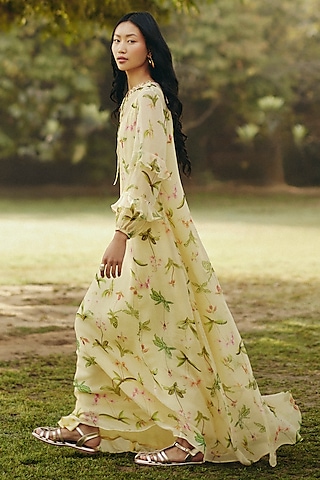 Yellow Georgette Floral Printed Maxi Dress by Ewoke