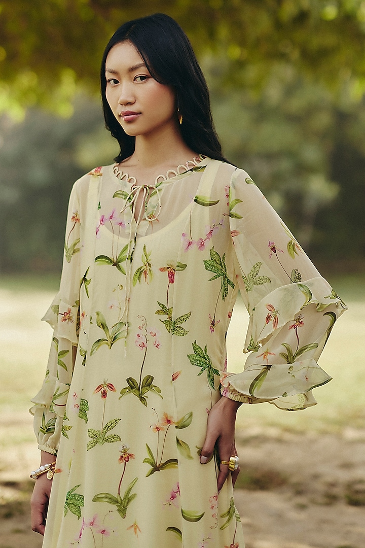 Yellow Georgette Floral Printed Maxi Summer Dress by Ewoke at Pernia's Pop Up Shop