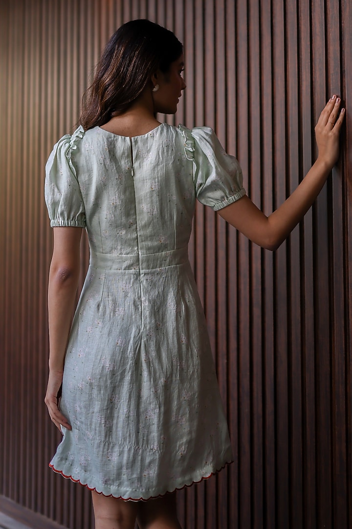 Sage Green Hemp Floral Embroidered Mini Summer Dress by Ewoke at Pernia's Pop Up Shop