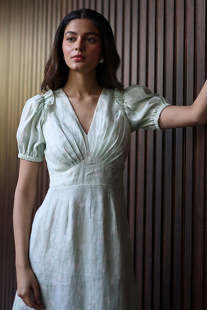 Sage Green Hemp Floral Embroidered Mini Summer Dress by Ewoke at Pernia's Pop Up Shop