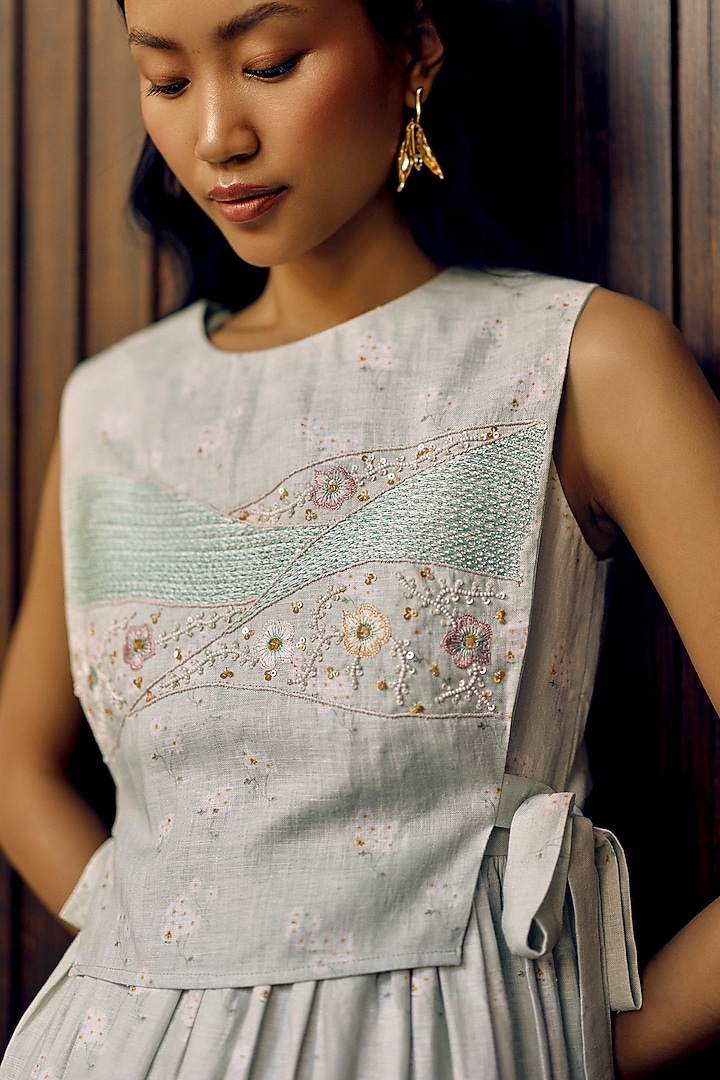 Sage Green Hemp Printed Pleated Midi Summer Dress by Ewoke at Pernia's Pop Up Shop