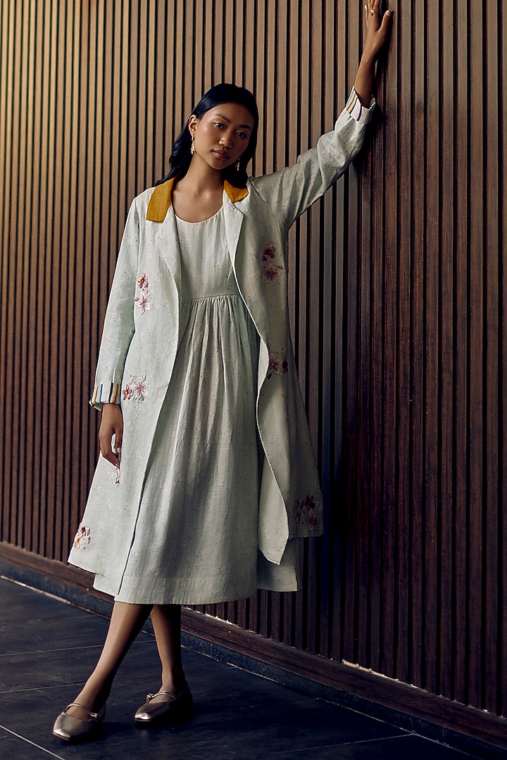 Sage Green Hemp Floral Embroidered Jacket by Ewoke at Pernia's Pop Up Shop