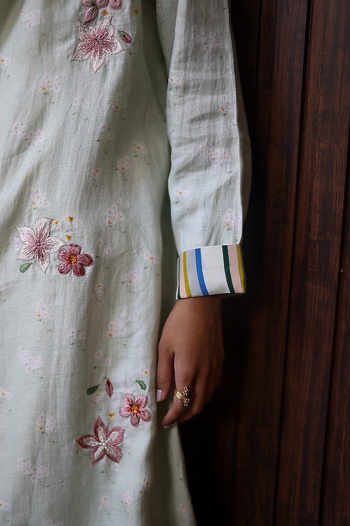 Sage Green Hemp Floral Embroidered Jacket by Ewoke at Pernia's Pop Up Shop