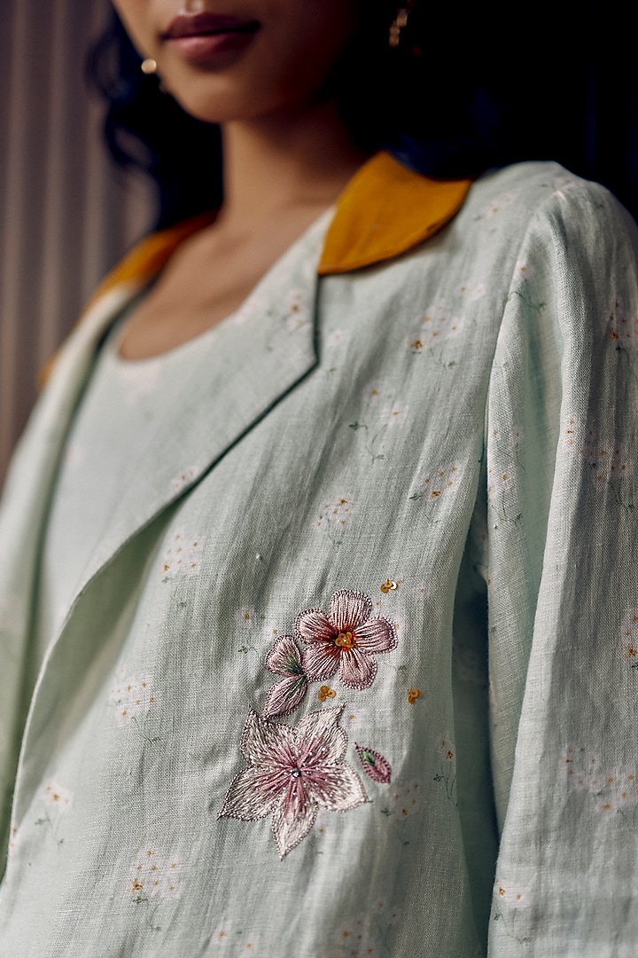 Sage Green Hemp Floral Embroidered Jacket by Ewoke at Pernia's Pop Up Shop