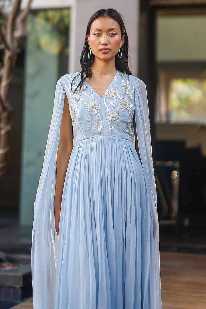 Powder Blue Georgette Floral Embroidered Party Wear Gown by Ewoke at Pernia's Pop Up Shop