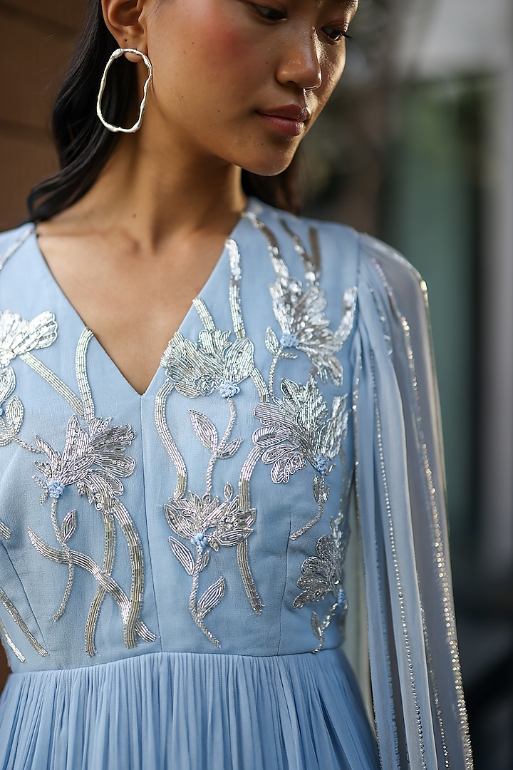 Powder Blue Georgette Floral Embroidered Party Wear Gown by Ewoke at Pernia's Pop Up Shop