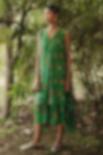 Green Crepe Floral Printed Flowy Midi Summer Dress by Ewoke at Pernia's Pop Up Shop