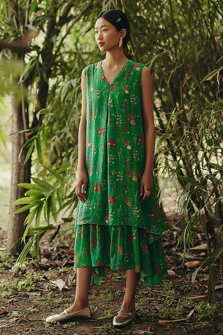 Green Crepe Floral Printed Flowy Midi Summer Dress by Ewoke at Pernia's Pop Up Shop