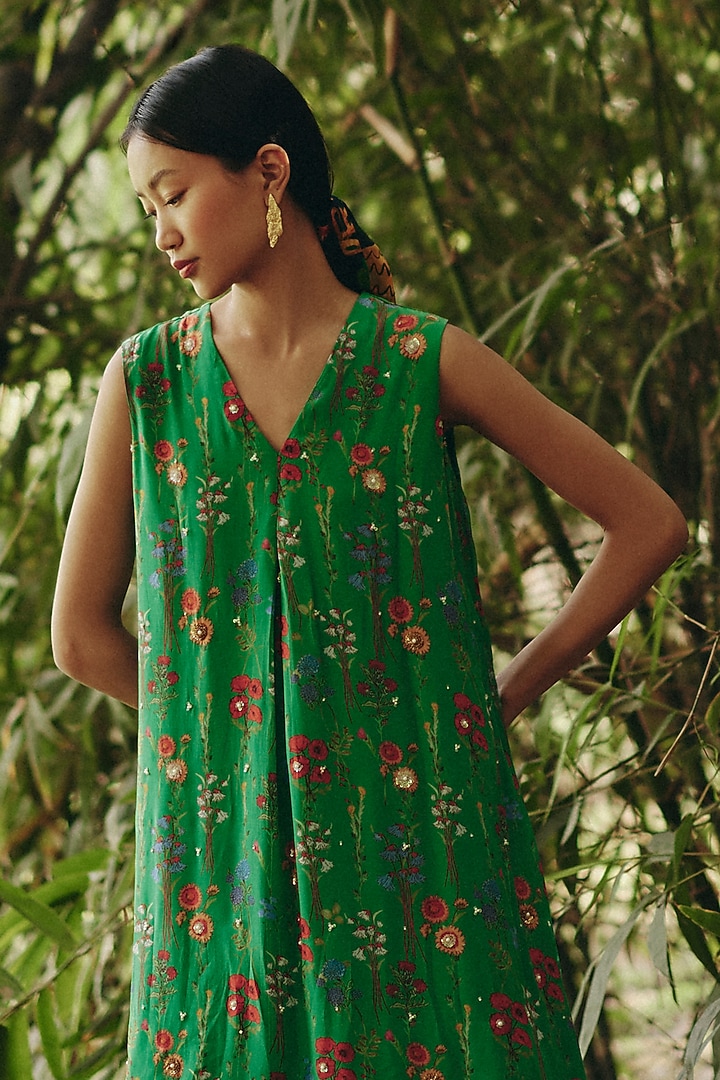 Green Crepe Floral Printed Flowy Midi Summer Dress by Ewoke at Pernia's Pop Up Shop