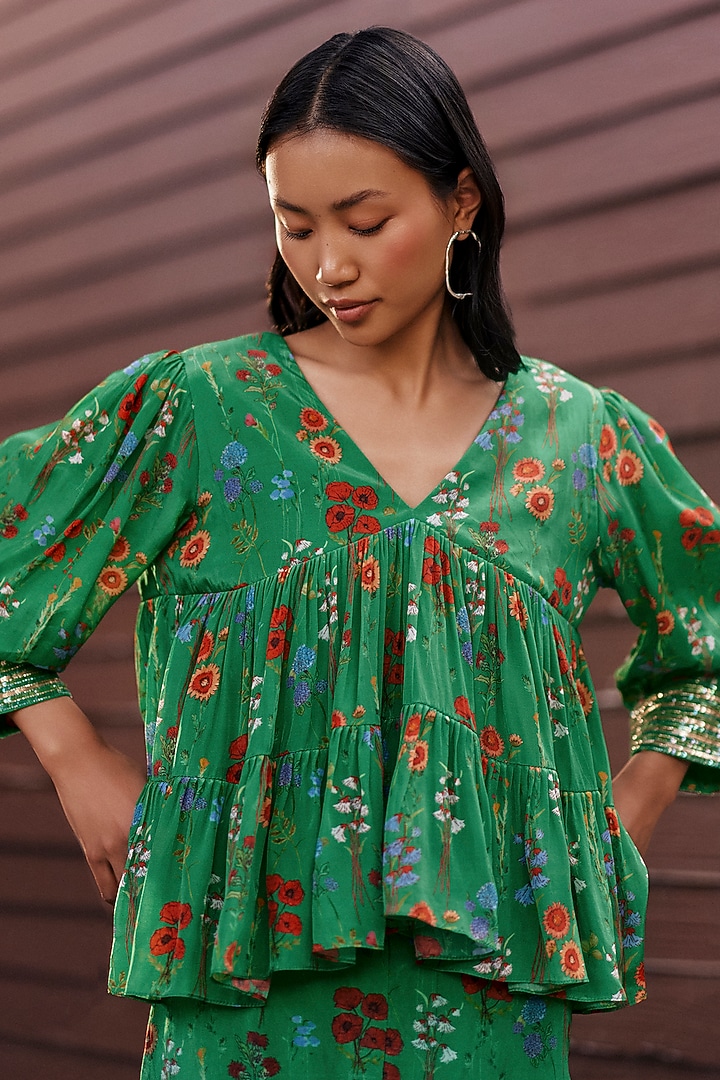 Green Crepe Floral Printed Co-Ord Set by Ewoke at Pernia's Pop Up Shop