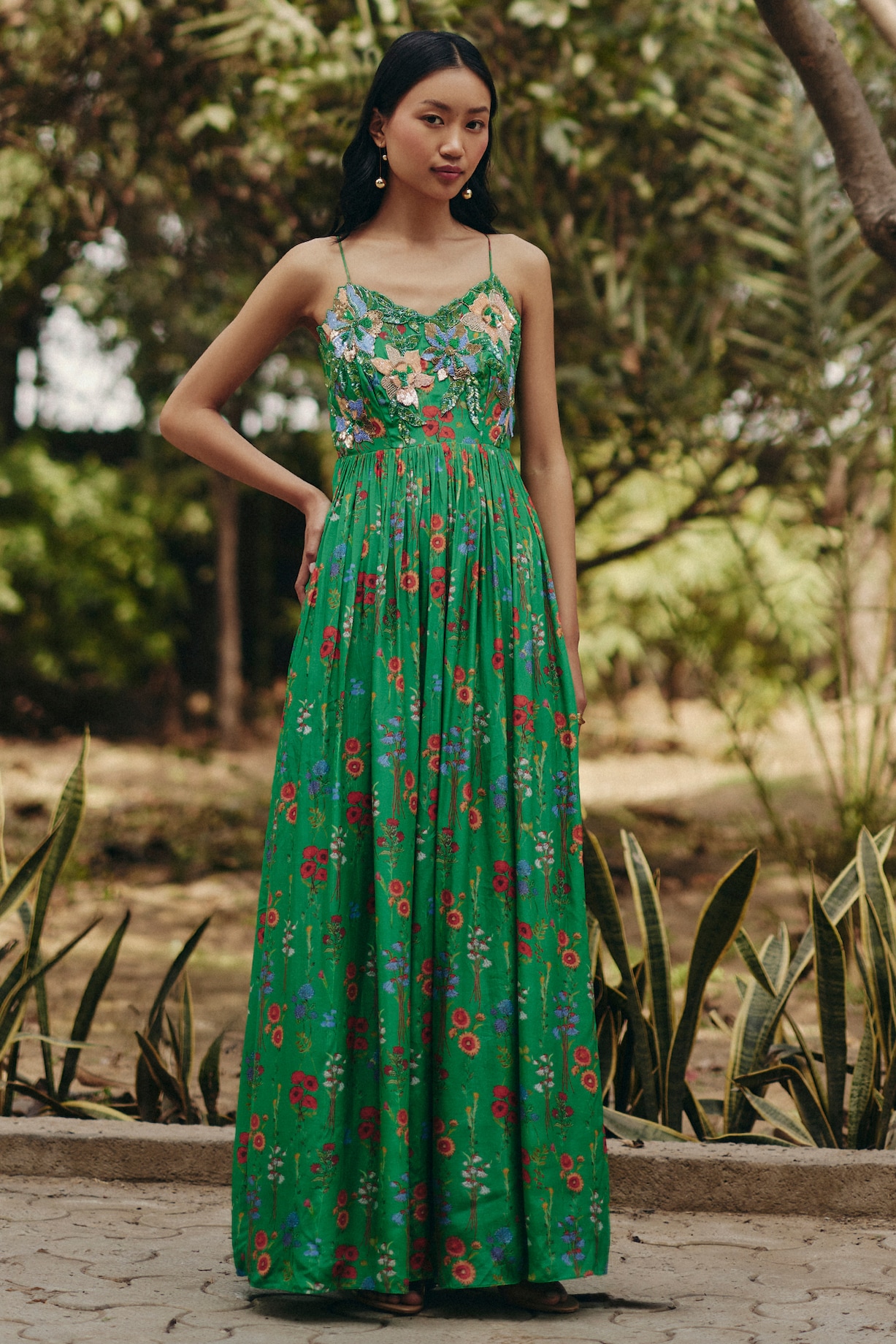 Pernia's Pop Up Shop - Ewoke Women Green Crepe Floral Printed Strappy Maxi Dress