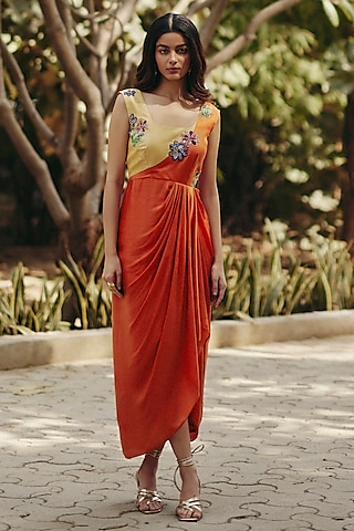 Orange & Yellow Khadi Floral Embroidered Draped Dress by Ewoke