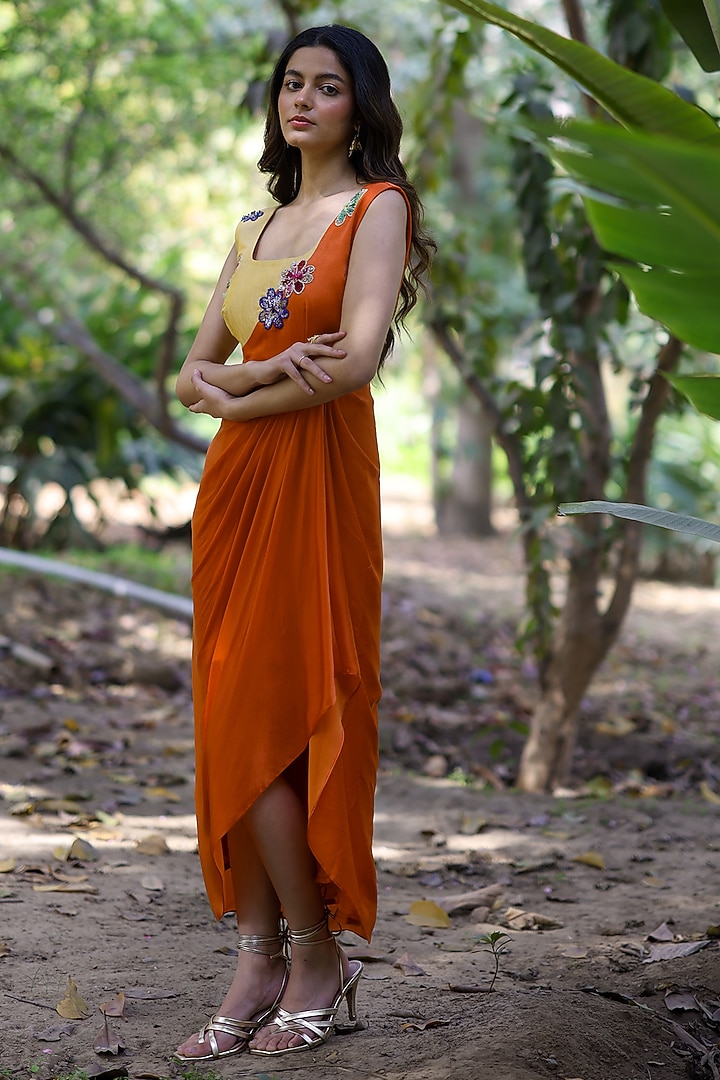 Orange & Yellow Khadi Floral Embroidered Draped Summer Dress by Ewoke at Pernia's Pop Up Shop