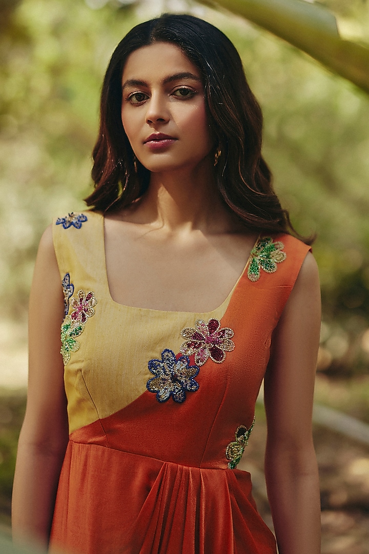 Orange & Yellow Khadi Floral Embroidered Draped Summer Dress by Ewoke at Pernia's Pop Up Shop