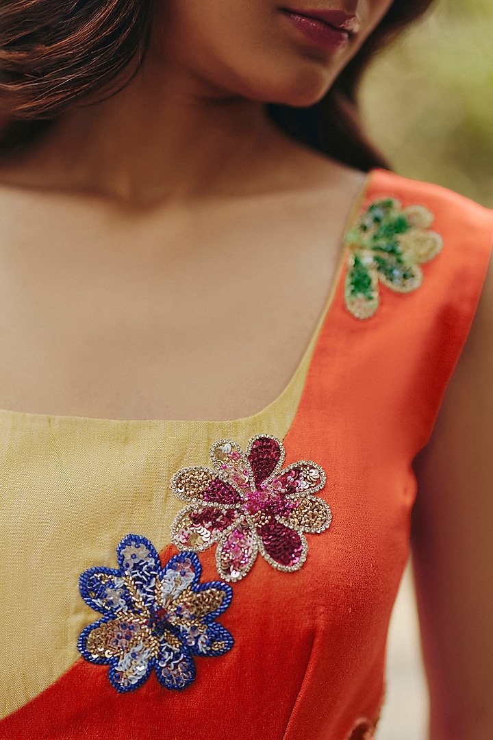 Orange & Yellow Khadi Floral Embroidered Draped Summer Dress by Ewoke at Pernia's Pop Up Shop
