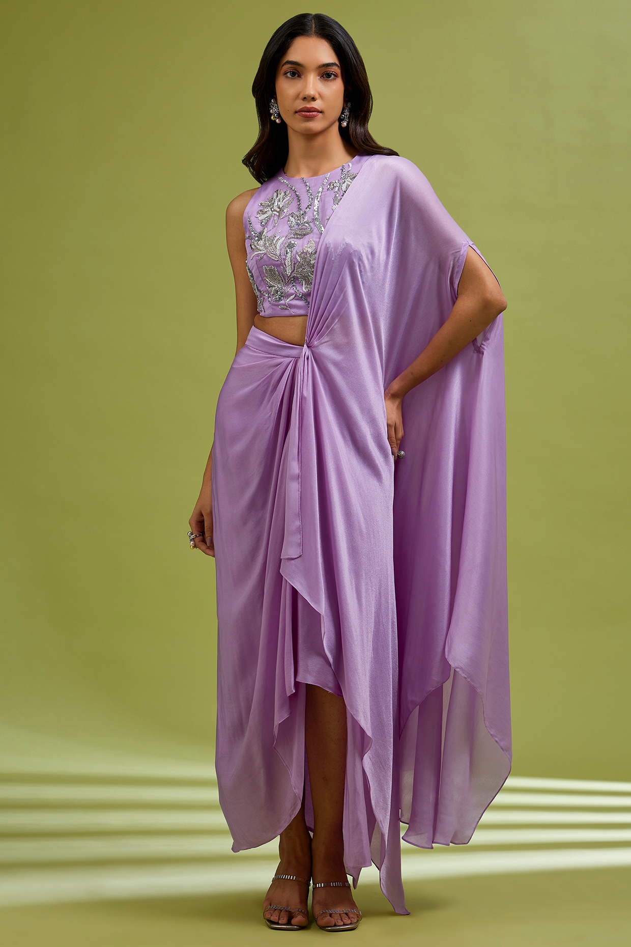 Ewoke Lilac Georgette Satin Draped Saree Set