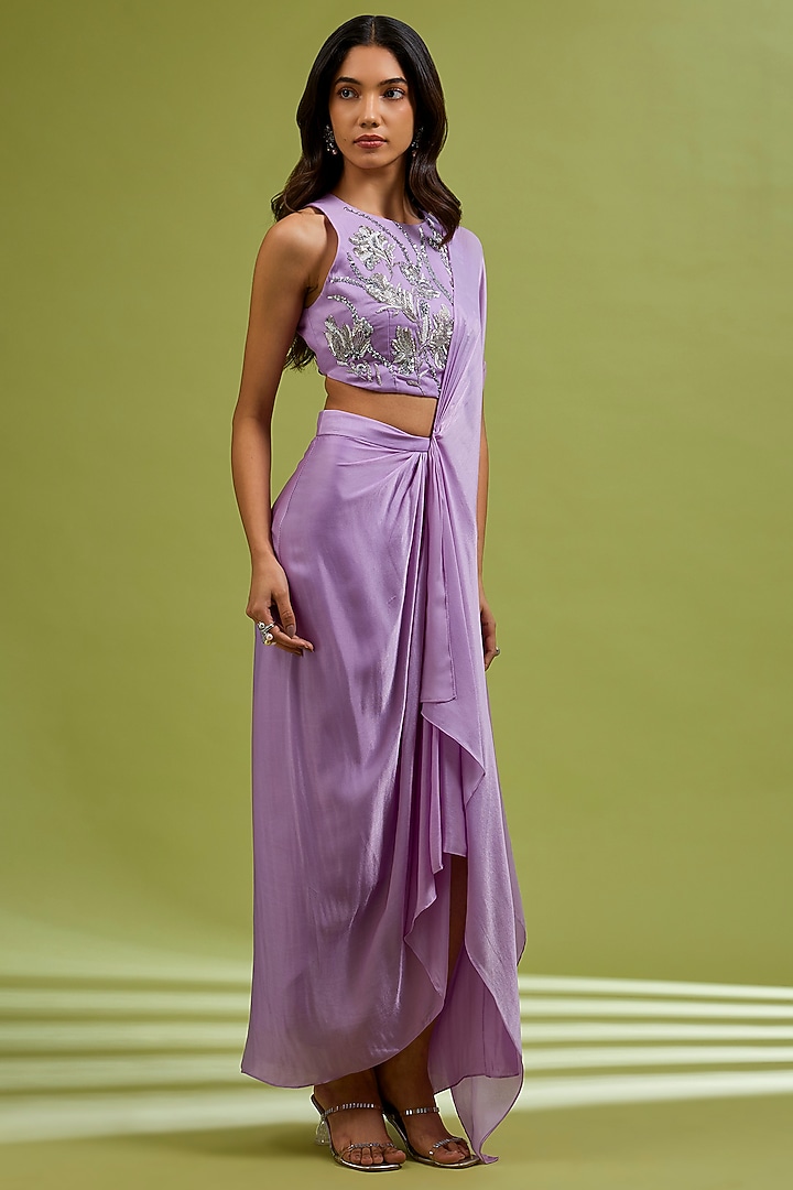 Lilac Georgette Satin Draped Party Wear Saree Set by Ewoke at Pernia's Pop Up Shop