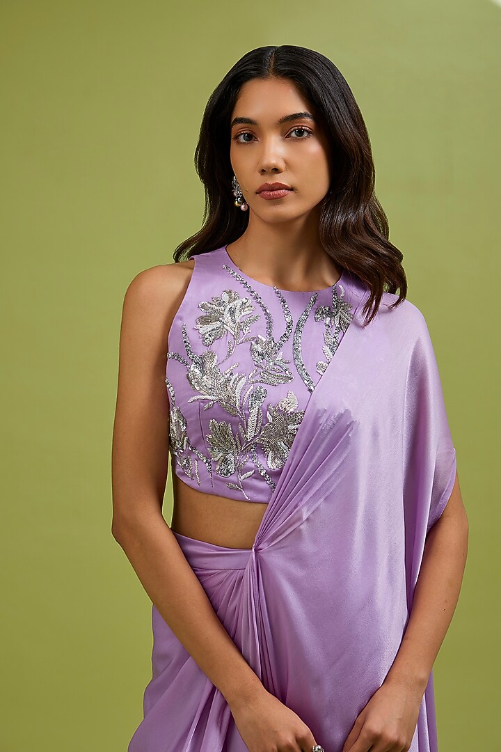 Lilac Georgette Satin Draped Party Wear Saree Set by Ewoke at Pernia's Pop Up Shop