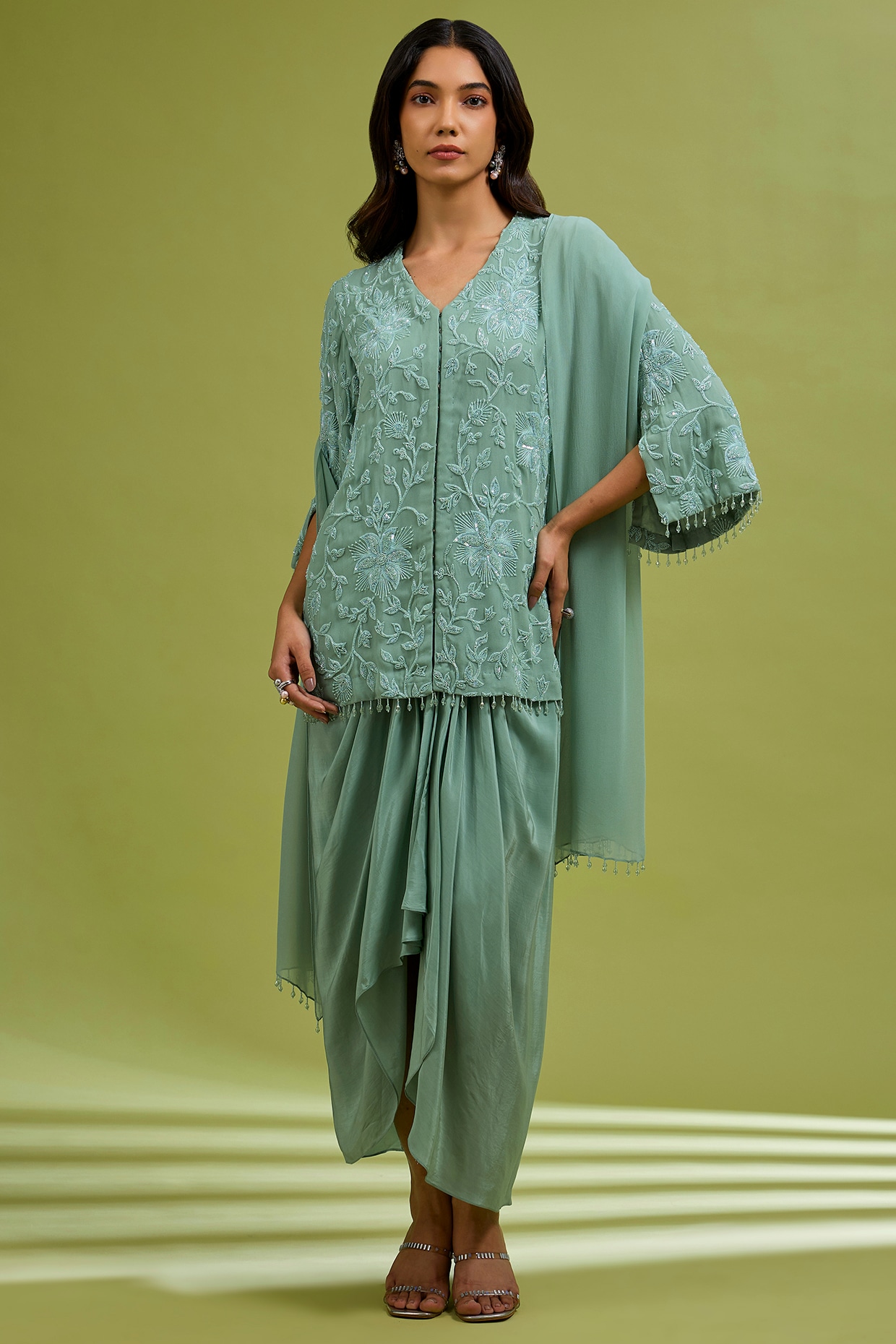 Ewoke Sage Green Georgette Crystal Embroidered Jacket Set
