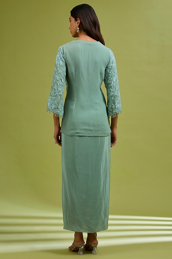 Sage Green Georgette Crystal Embroidered Jacket Set by Ewoke at Pernia's Pop Up Shop