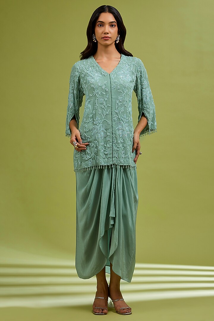 Sage Green Georgette Crystal Embroidered Jacket Set by Ewoke at Pernia's Pop Up Shop