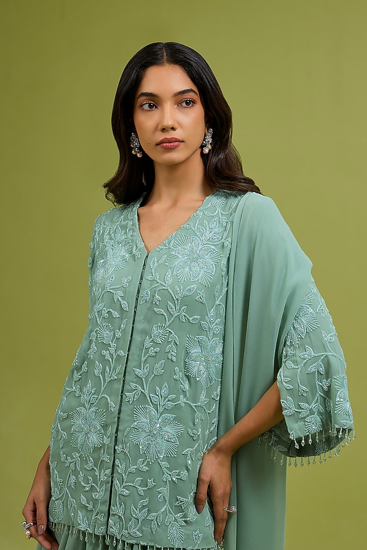 Sage Green Georgette Crystal Embroidered Jacket Set by Ewoke at Pernia's Pop Up Shop