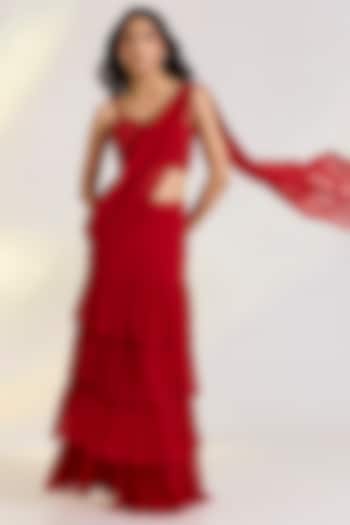 Red Georgette Pre-Draped Ruffled Party Wear Saree Set by Ewoke at Pernia's Pop Up Shop