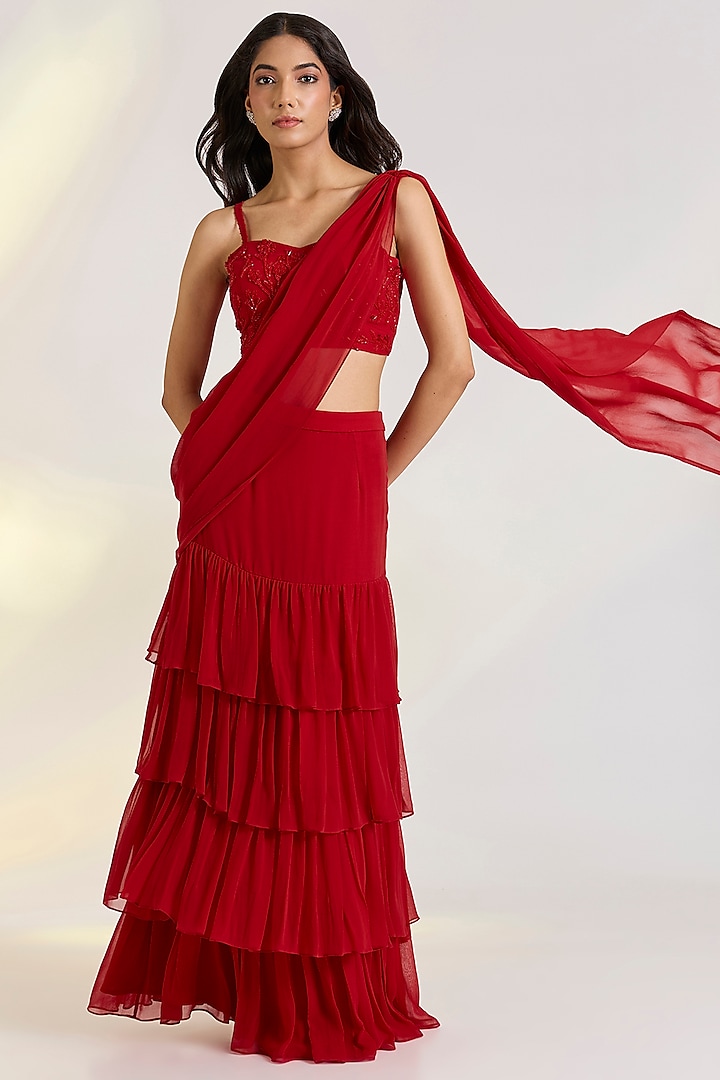Red Georgette Pre-Draped Ruffled Party Wear Saree Set by Ewoke at Pernia's Pop Up Shop