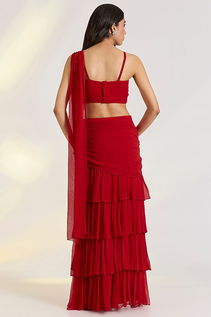 Red Georgette Pre-Draped Ruffled Party Wear Saree Set by Ewoke at Pernia's Pop Up Shop