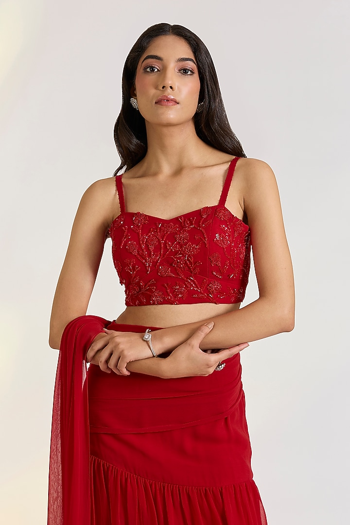Red Georgette Pre-Draped Ruffled Party Wear Saree Set by Ewoke at Pernia's Pop Up Shop