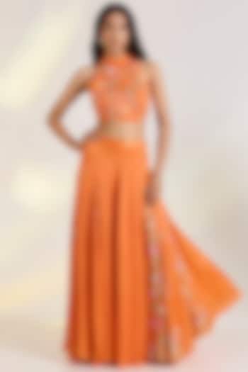 Orange Georgette Satin Floral Embroidered Skirt Set by Ewoke at Pernia's Pop Up Shop