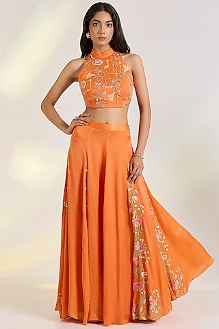 Orange Georgette Satin Floral Embroidered Skirt Set by Ewoke
