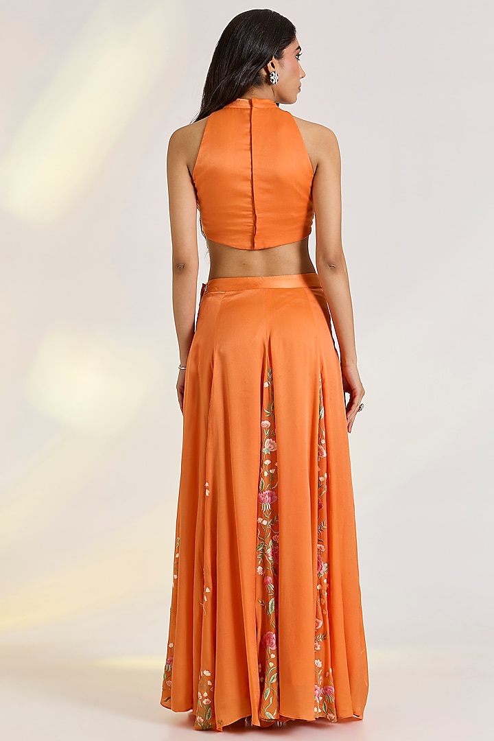 Orange Georgette Satin Floral Embroidered Skirt Set by Ewoke at Pernia's Pop Up Shop