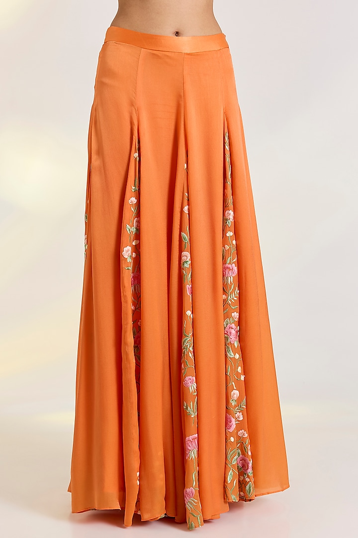 Orange Georgette Satin Floral Embroidered Skirt Set by Ewoke at Pernia's Pop Up Shop