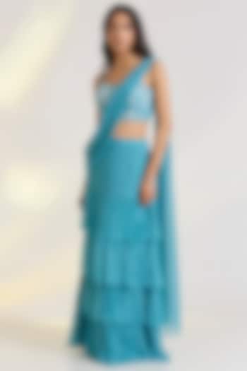 Blue Georgette Pre-Draped Ruffled Party Wear Saree Set by Ewoke at Pernia's Pop Up Shop
