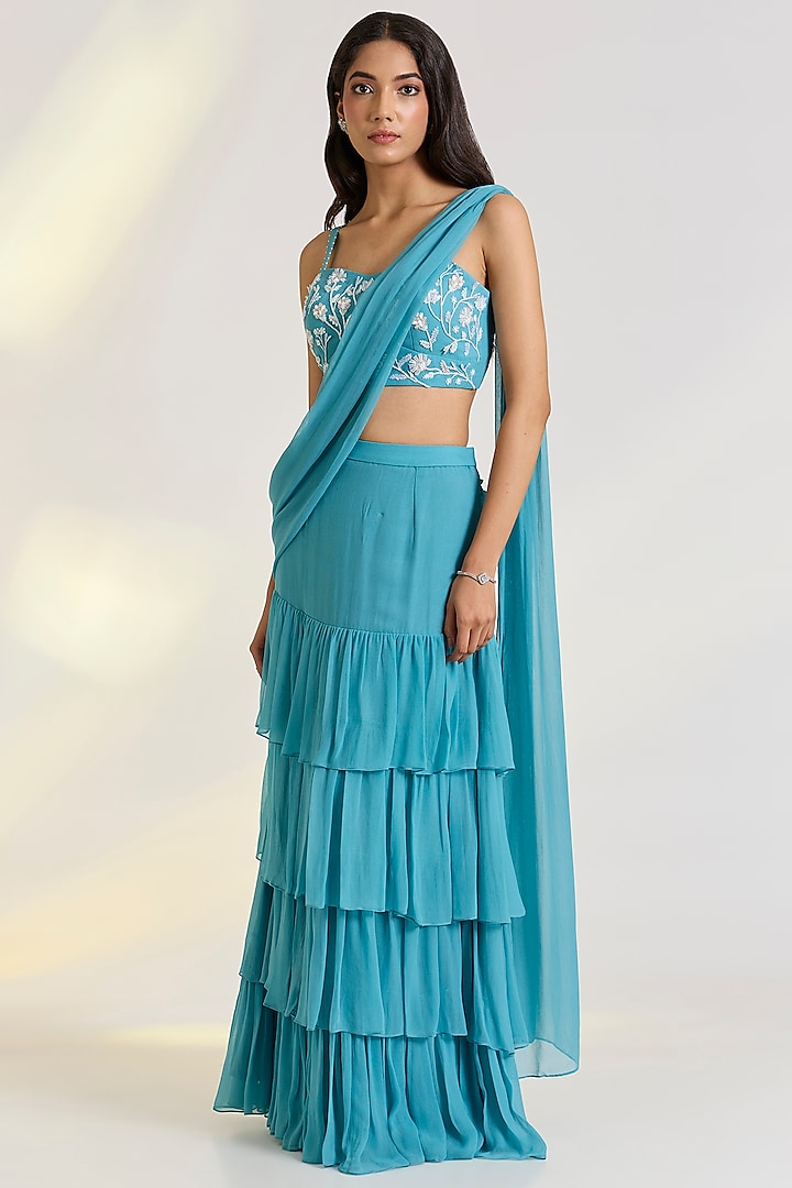 Blue Georgette Pre-Draped Ruffled Party Wear Saree Set by Ewoke at Pernia's Pop Up Shop
