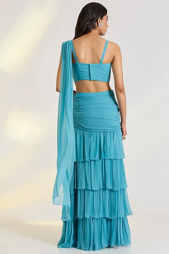 Blue Georgette Pre-Draped Ruffled Party Wear Saree Set by Ewoke at Pernia's Pop Up Shop