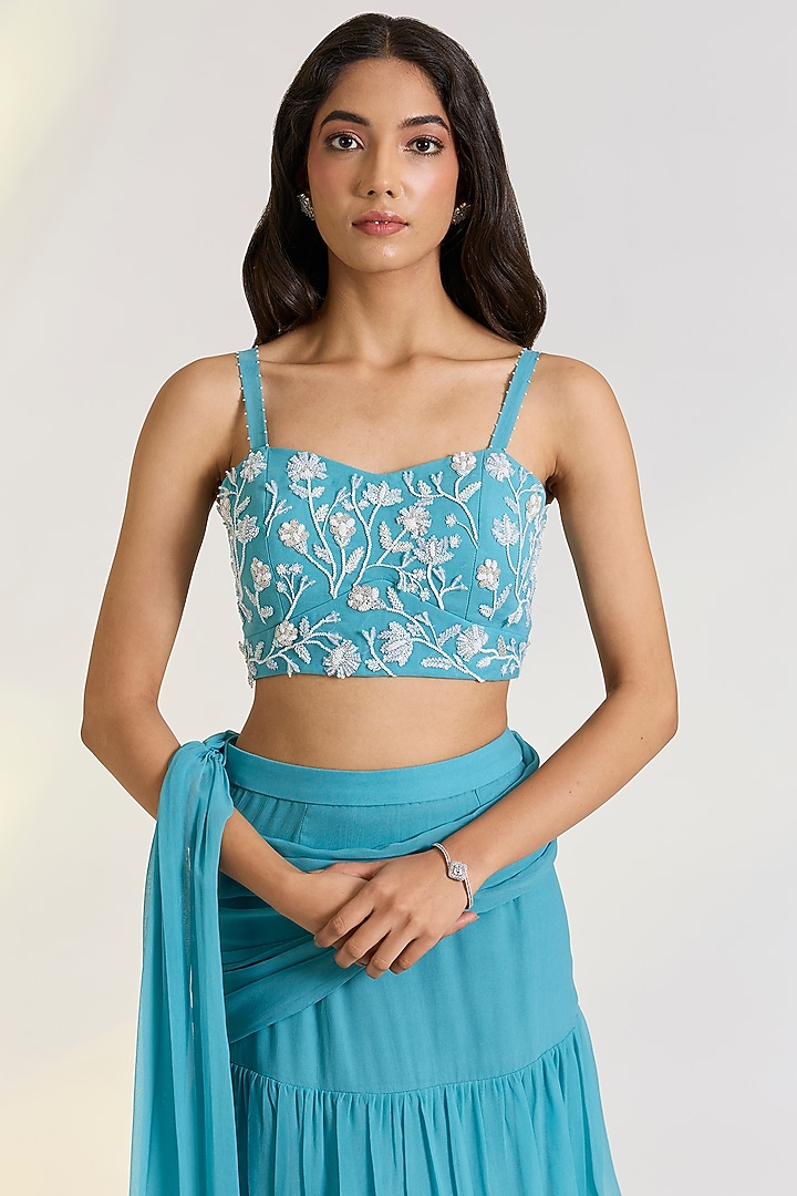 Blue Georgette Pre-Draped Ruffled Party Wear Saree Set by Ewoke at Pernia's Pop Up Shop
