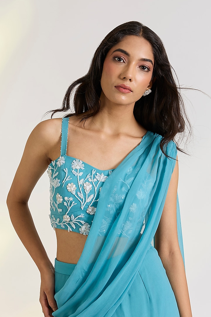 Blue Georgette Pre-Draped Ruffled Party Wear Saree Set by Ewoke at Pernia's Pop Up Shop