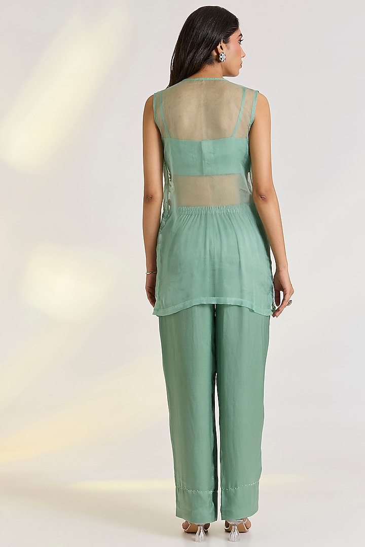 Green Organza & Georgette Satin Floral Embroidered Co-Ord Set by Ewoke at Pernia's Pop Up Shop