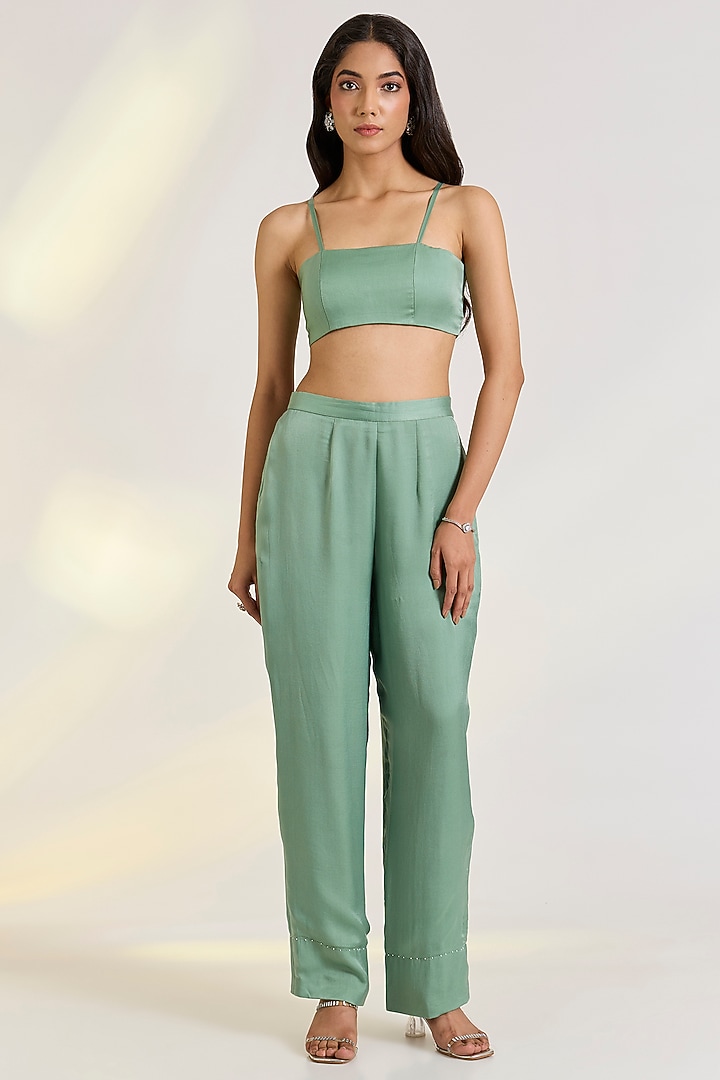 Green Organza & Georgette Satin Floral Embroidered Co-Ord Set by Ewoke at Pernia's Pop Up Shop