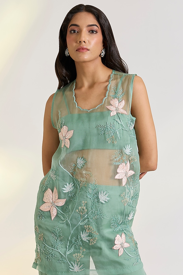 Green Organza & Georgette Satin Floral Embroidered Co-Ord Set by Ewoke at Pernia's Pop Up Shop
