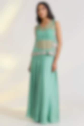 Green Organza & Georgette Satin Skirt Set by Ewoke at Pernia's Pop Up Shop