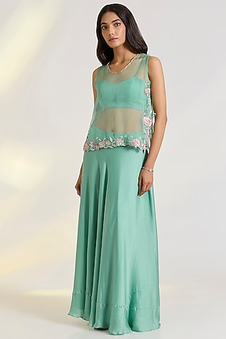 Green Organza & Georgette Satin Skirt Set by Ewoke