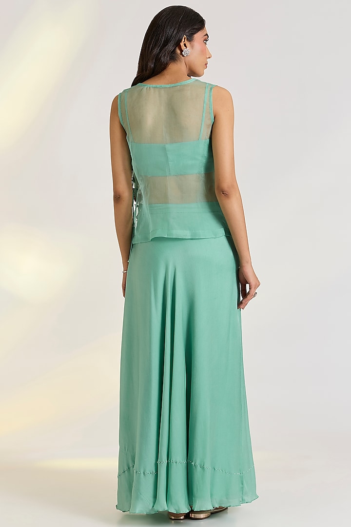 Green Organza & Georgette Satin Skirt Set by Ewoke at Pernia's Pop Up Shop