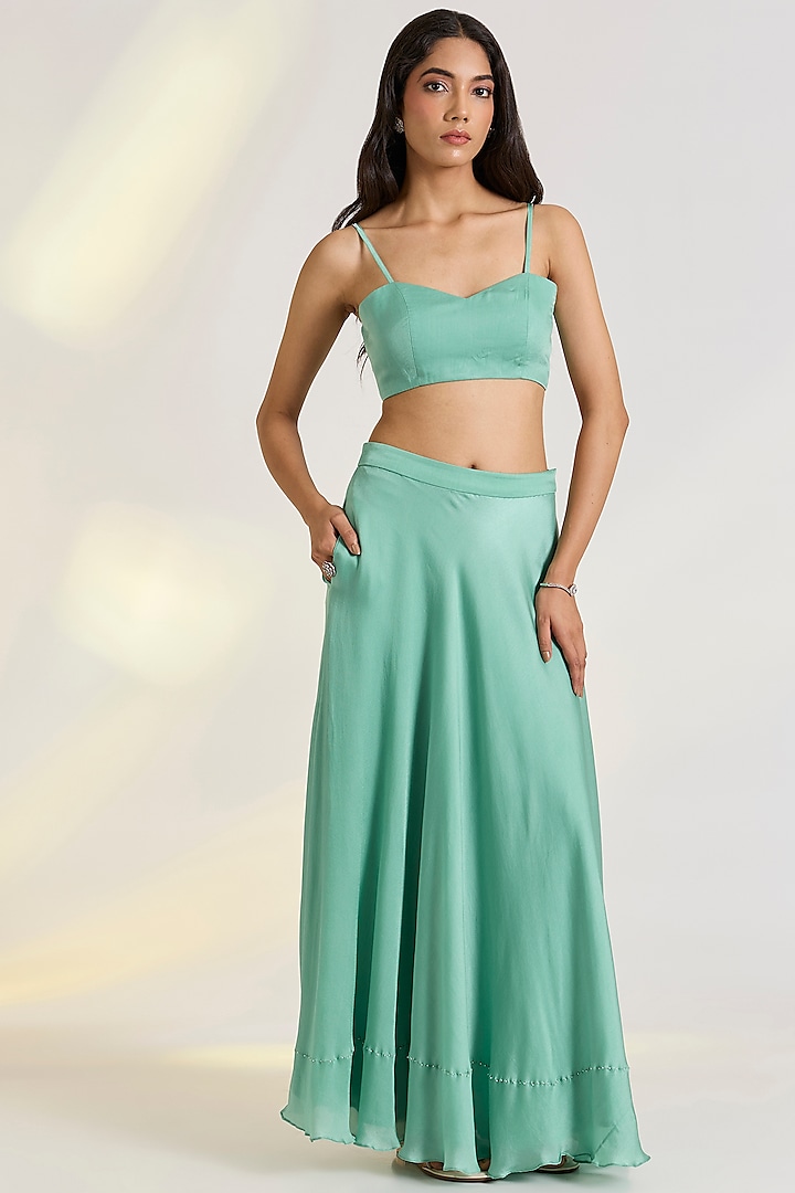 Green Organza & Georgette Satin Skirt Set by Ewoke at Pernia's Pop Up Shop