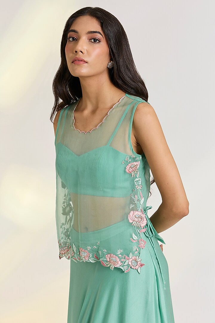 Green Organza & Georgette Satin Skirt Set by Ewoke at Pernia's Pop Up Shop