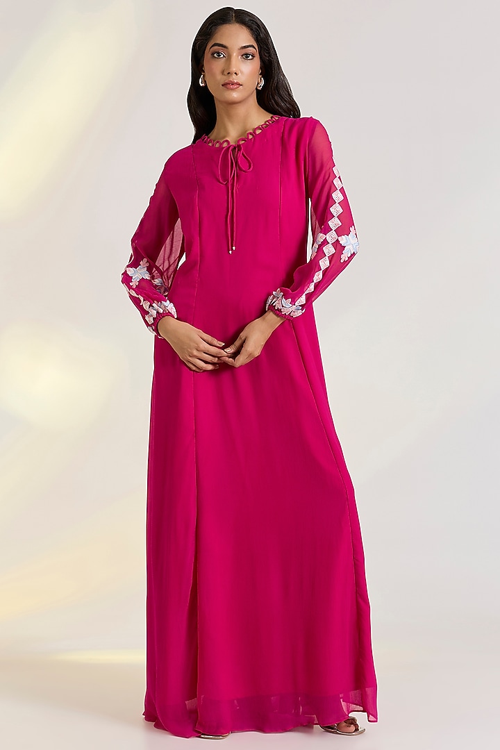 Pink Georgette Hand Embroidered Gown by Ewoke at Pernia's Pop Up Shop