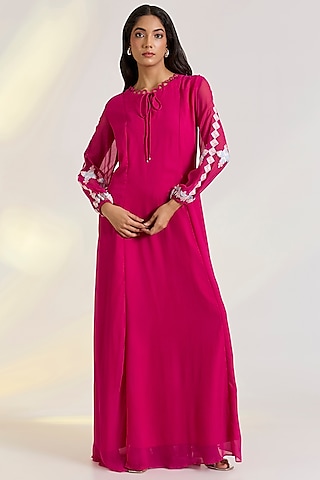 Pink Georgette Hand Embroidered Gown by Ewoke